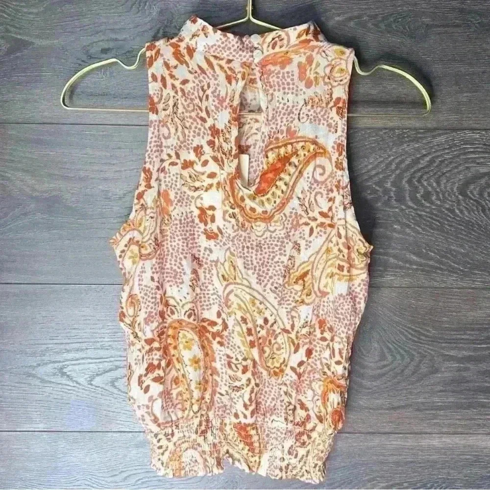 Cynthia Rowley Paisley Boho Mock Neck Smocked Waist Top in Cream/Orange, XS. NWT - Picture 2 of 9